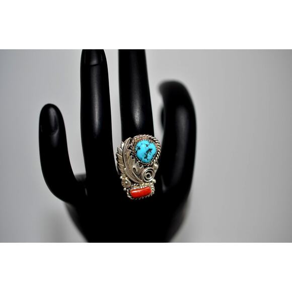 Native America Navajo Sterling Silver Coral & Turquoise Ring By Lorraine Spencer - Picture 1 of 4